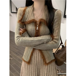 漸變復古拼色開衫毛衣外套女秋季慵懶修身顯瘦高級感翻領針織上衣