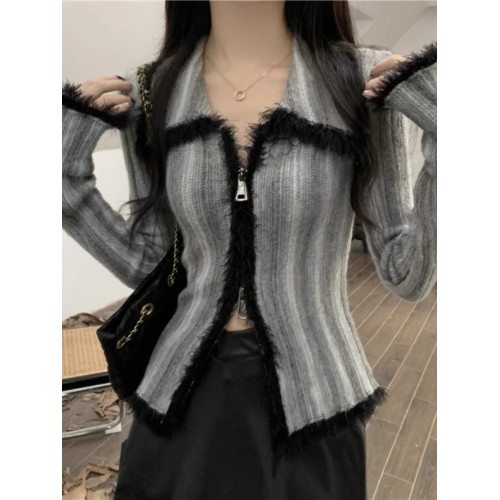 漸變復古拼色開衫毛衣外套女秋季慵懶修身顯瘦高級感翻領針織上衣 漸變復古拼色開衫毛衣外套女秋季慵懶修身顯瘦高級感翻領針織上衣