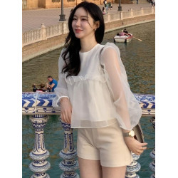 韓系木耳邊拼接網紗襯衫女春季新款甜美減齡寬松休閒泡泡袖上衣