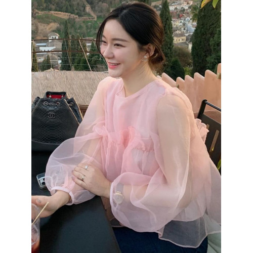 韓系木耳邊拼接網紗襯衫女春季新款甜美減齡寬松休閒泡泡袖上衣 韓系木耳邊拼接網紗襯衫女春季新款甜美減齡寬松休閒泡泡袖上衣