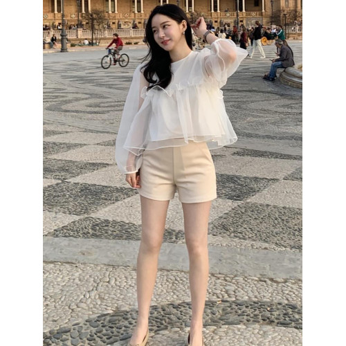 韓系木耳邊拼接網紗襯衫女春季新款甜美減齡寬松休閒泡泡袖上衣 韓系木耳邊拼接網紗襯衫女春季新款甜美減齡寬松休閒泡泡袖上衣