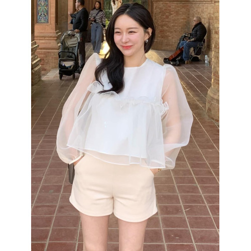 韓系木耳邊拼接網紗襯衫女春季新款甜美減齡寬松休閒泡泡袖上衣 韓系木耳邊拼接網紗襯衫女春季新款甜美減齡寬松休閒泡泡袖上衣