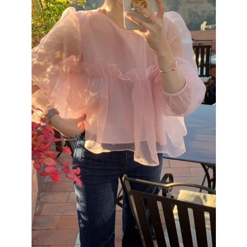 韓系木耳邊拼接網紗襯衫女春季新款甜美減齡寬松休閒泡泡袖上衣 韓系木耳邊拼接網紗襯衫女春季新款甜美減齡寬松休閒泡泡袖上衣