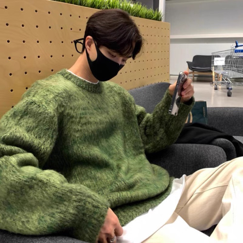 美式設計感紥染綠色毛衣男秋高街vintage打底線衣寬鬆情侶針織衫