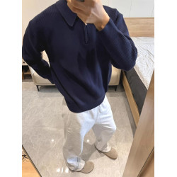藏藍色針織polo衫男半拉鍊翻領長袖衛衣美式ootd穿搭工裝打底線衣