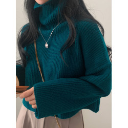 韓國chic秋冬加厚高領毛衣女慵懶風純色百搭寬松長袖短款針織衫潮