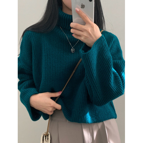 韓國chic秋冬加厚高領毛衣女慵懶風純色百搭寬松長袖短款針織衫潮