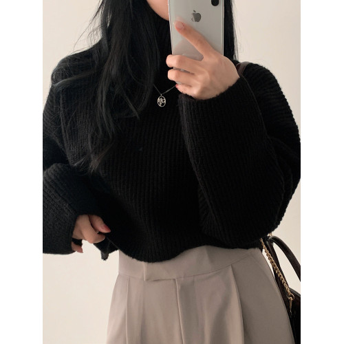 韓國chic秋冬加厚高領毛衣女慵懶風純色百搭寬松長袖短款針織衫潮