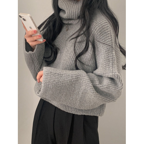 韓國chic秋冬加厚高領毛衣女慵懶風純色百搭寬松長袖短款針織衫潮