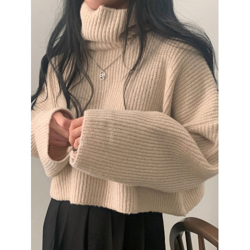 韓國chic秋冬加厚高領毛衣女慵懶風純色百搭寬松長袖短款針織衫潮