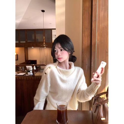 慵懶風高級設計感高領毛衣女秋冬寬松外穿軟糯奶呼呼套頭白色上衣 慵懶風高級設計感高領毛衣女秋冬寬松外穿軟糯奶呼呼套頭白色上衣