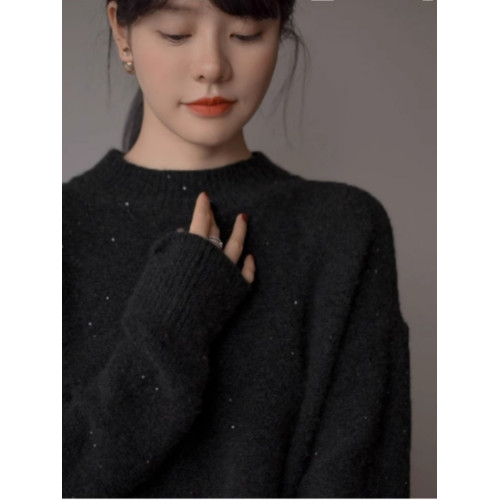 星空亮閃閃浣熊絨毛衣女秋冬黑色高級感亮片羊毛羊絨衫打底衫上衣 星空亮閃閃浣熊絨毛衣女秋冬黑色高級感亮片羊毛羊絨衫打底衫上衣