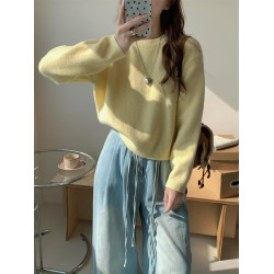 鵞黃色毛衣女套頭寬松韓系加厚奶fufu慵懶風圓領短款針織衫上衣