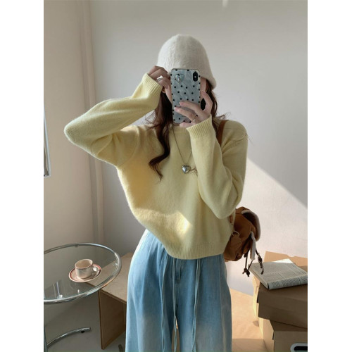 鵞黃色毛衣女套頭寬松韓系加厚奶fufu慵懶風圓領短款針織衫上衣 鵞黃色毛衣女套頭寬松韓系加厚奶fufu慵懶風圓領短款針織衫上衣