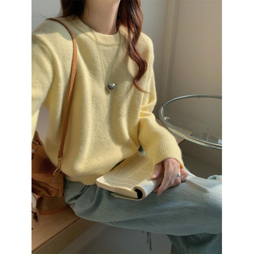 鵞黃色毛衣女套頭寬松韓系加厚奶fufu慵懶風圓領短款針織衫上衣 鵞黃色毛衣女套頭寬松韓系加厚奶fufu慵懶風圓領短款針織衫上衣