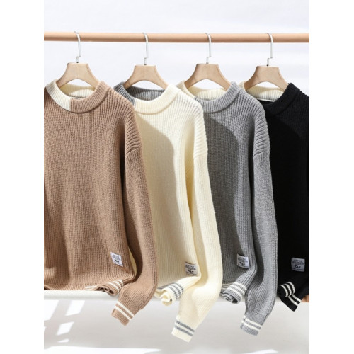 春秋季圓領毛衣男冬季新款假兩件長袖打底衫男士加絨厚保暖針織衫