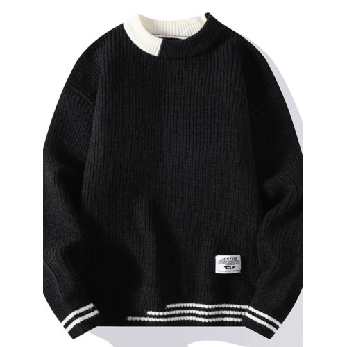 春秋季圓領毛衣男冬季新款假兩件長袖打底衫男士加絨厚保暖針織衫