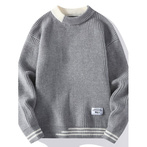 春秋季圓領毛衣男冬季新款假兩件長袖打底衫男士加絨厚保暖針織衫