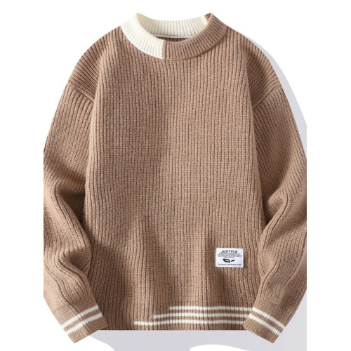 春秋季圓領毛衣男冬季新款假兩件長袖打底衫男士加絨厚保暖針織衫