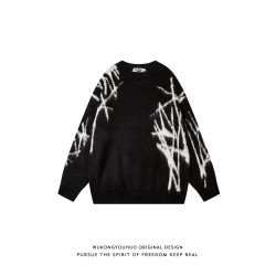 悟空有貨復古潮牌馬海毛圓領針織衫男女秋季寬松情侶百搭套頭毛衣