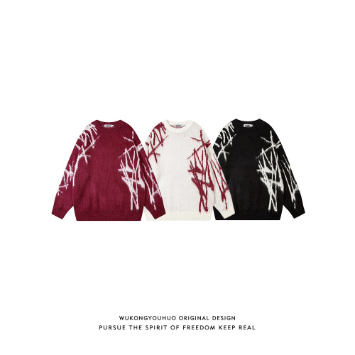 悟空有貨復古潮牌馬海毛圓領針織衫男女秋季寬松情侶百搭套頭毛衣