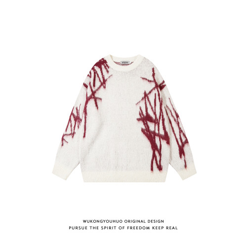 悟空有貨復古潮牌馬海毛圓領針織衫男女秋季寬松情侶百搭套頭毛衣