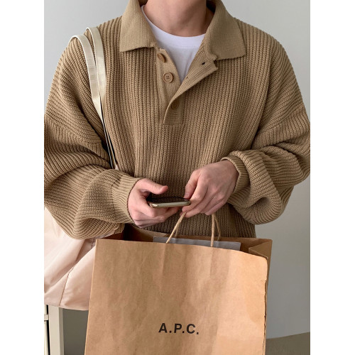 MRCYC百搭polo領長袖毛衣男秋冬季韓系寬鬆繙領針織衫上衣外套潮