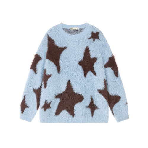 MOISHE TIDE秋冬復古星星提花馬海毛圓領毛衣男女寬松百搭針織衫