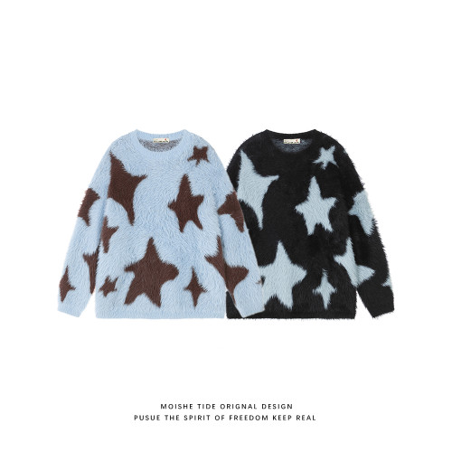 MOISHE TIDE秋冬復古星星提花馬海毛圓領毛衣男女寬松百搭針織衫