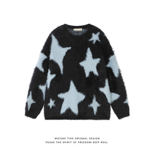 MOISHE TIDE秋冬復古星星提花馬海毛圓領毛衣男女寬松百搭針織衫