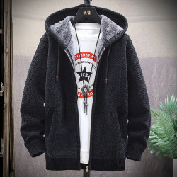 一體絨男士毛衣秋冬季2025新款連帽加絨加厚男裝百搭針織開衫外套