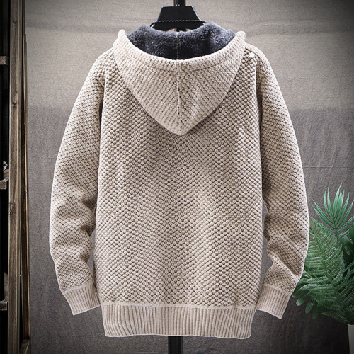 一體絨男士毛衣秋冬季2025新款連帽加絨加厚男裝百搭針織開衫外套