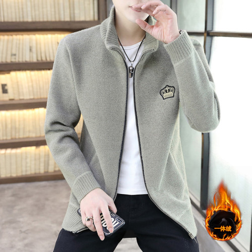 一體絨男士毛衣秋冬季2025新款連帽加絨加厚男裝百搭針織開衫外套