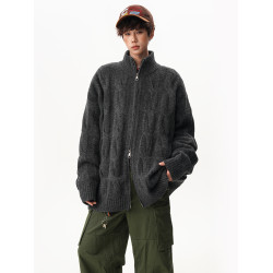 美式藍色麻花針織開衫男女秋冬重磅寬鬆慵嬾毛衣外套寬鬆情侶線衣