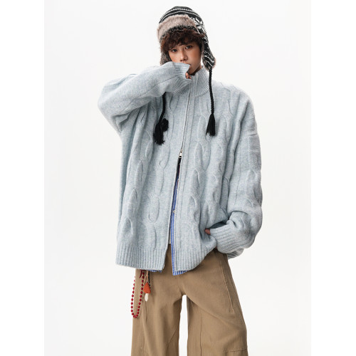 美式藍色麻花針織開衫男女秋冬重磅寬鬆慵嬾毛衣外套寬鬆情侶線衣