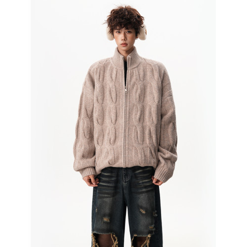 美式藍色麻花針織開衫男女秋冬重磅寬鬆慵嬾毛衣外套寬鬆情侶線衣