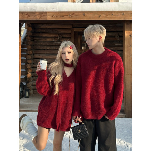 小衆設計感毛衣男女情侶裝秋冬V領新年穿搭紅色慵嬾風針織衫上衣