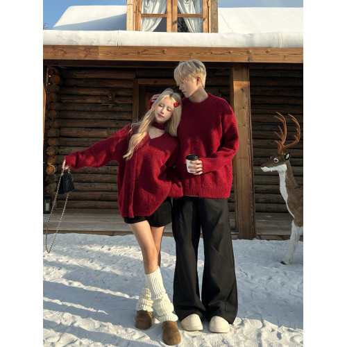 小衆設計感毛衣男女情侶裝秋冬V領新年穿搭紅色慵嬾風針織衫上衣