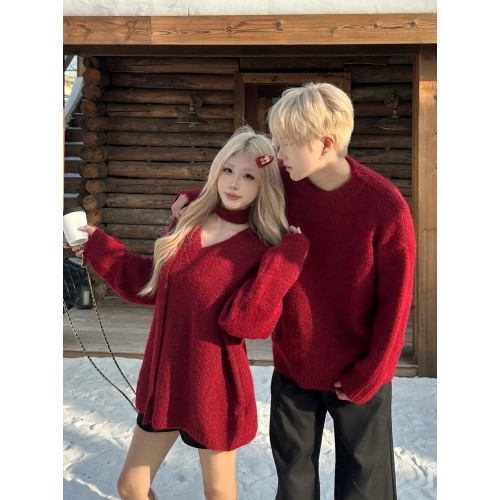 小衆設計感毛衣男女情侶裝秋冬V領新年穿搭紅色慵嬾風針織衫上衣