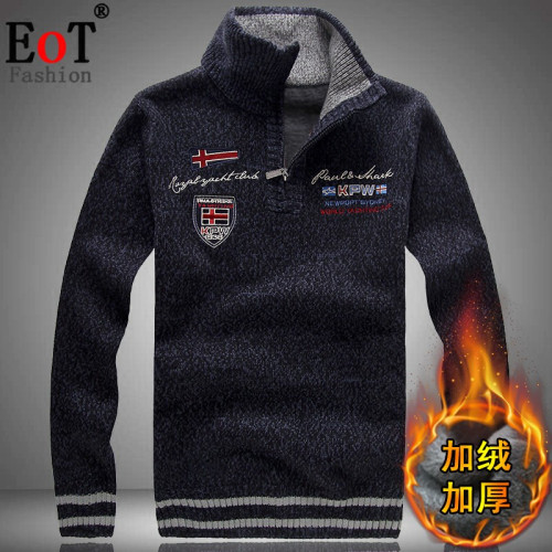 秋冬加絨加厚毛衣男外套寬松大碼半高領保暖針織衫立領刺綉毛線衣