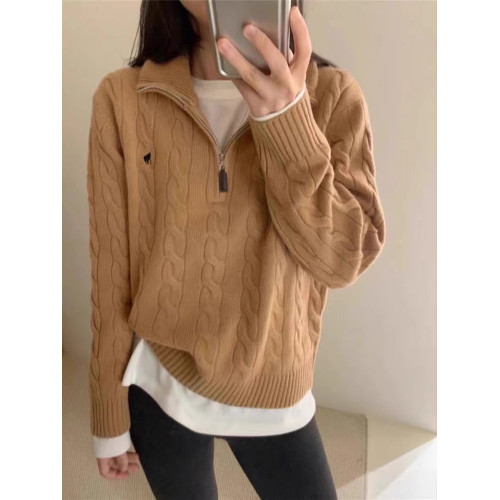 秋冬白色立領半拉鍊絞花刺綉麻花毛衣女復古寬松翻領厚針織衫上衣 秋冬白色立領半拉鍊絞花刺綉麻花毛衣女復古寬松翻領厚針織衫上衣