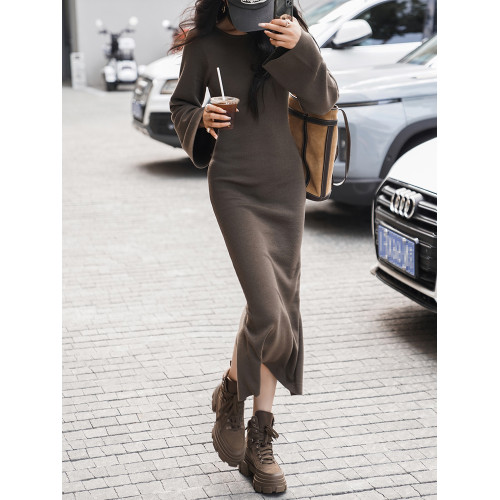 秋冬新款高級感羊絨針織連衣裙修身顯瘦收腰後開叉打底毛衣裙長裙 秋冬新款高級感羊絨針織連衣裙修身顯瘦收腰後開叉打底毛衣裙長裙