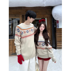 費爾島復古毛衣男女情侶裝秋冬ins超火設計感一字肩慵懶感針織衫