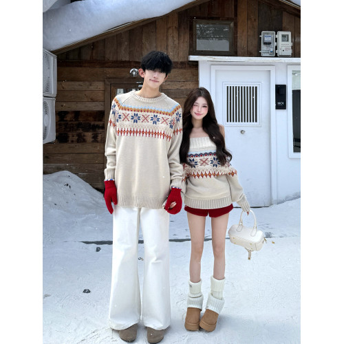 費爾島復古毛衣男女情侶裝秋冬ins超火設計感一字肩慵懶感針織衫