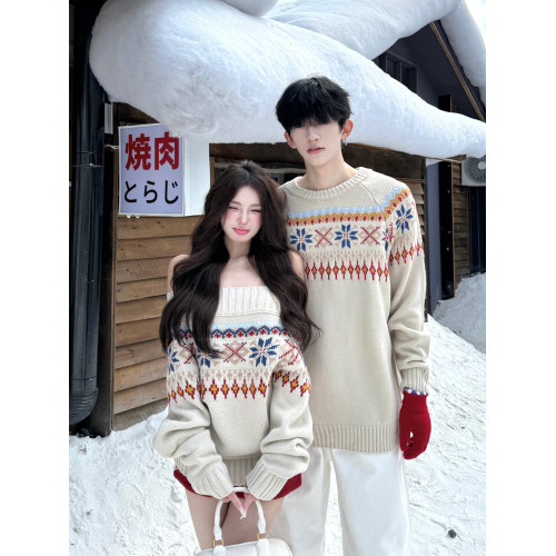 費爾島復古毛衣男女情侶裝秋冬ins超火設計感一字肩慵懶感針織衫