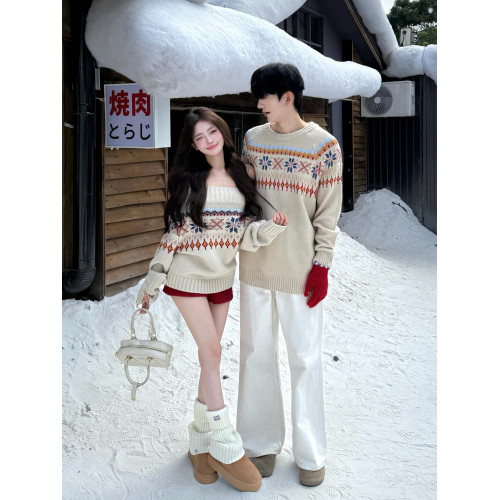 費爾島復古毛衣男女情侶裝秋冬ins超火設計感一字肩慵懶感針織衫