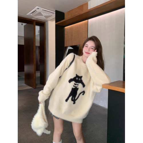 可愛貓咪提花毛絨長袖毛衣女秋冬季軟糯寬鬆水貂絨學生上衣慵嬾風