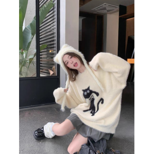 可愛貓咪提花毛絨長袖毛衣女秋冬季軟糯寬鬆水貂絨學生上衣慵嬾風