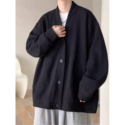 華夫格V領開衫衛衣男士春秋款美式復古重磅痞帥潮牌寬松休閒外套