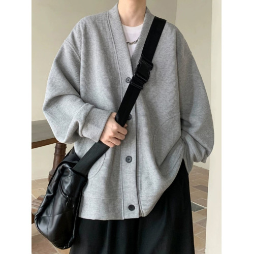 華夫格V領開衫衛衣男士春秋款美式復古重磅痞帥潮牌寬松休閒外套